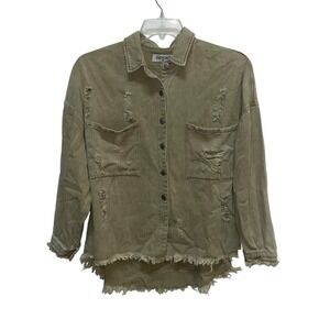 The Post Distressed Denim Jacket Khaki Green Raw Hem Pockets Button Front Size S
